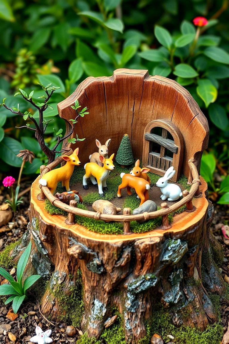 Creating a Fairy Petting Zoo with Miniature Animals - 25 Tree Stump Fairy Garden Ideas