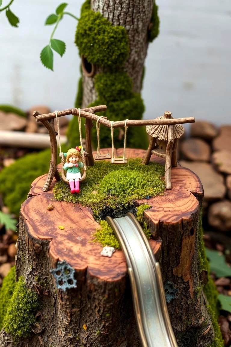 Creating a Fairy Playground with Tiny Swings and Slides - 25 Tree Stump Fairy Garden Ideas