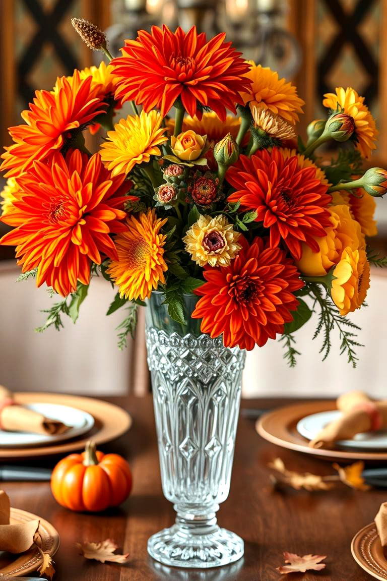 Crystal Vase with Autumn Blooms - 25 Thanksgiving Centerpiece Ideas
