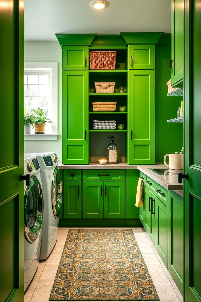 Custom Green Storage Solutions for a Personalized Touch - 25 Green Laundry Room Ideas