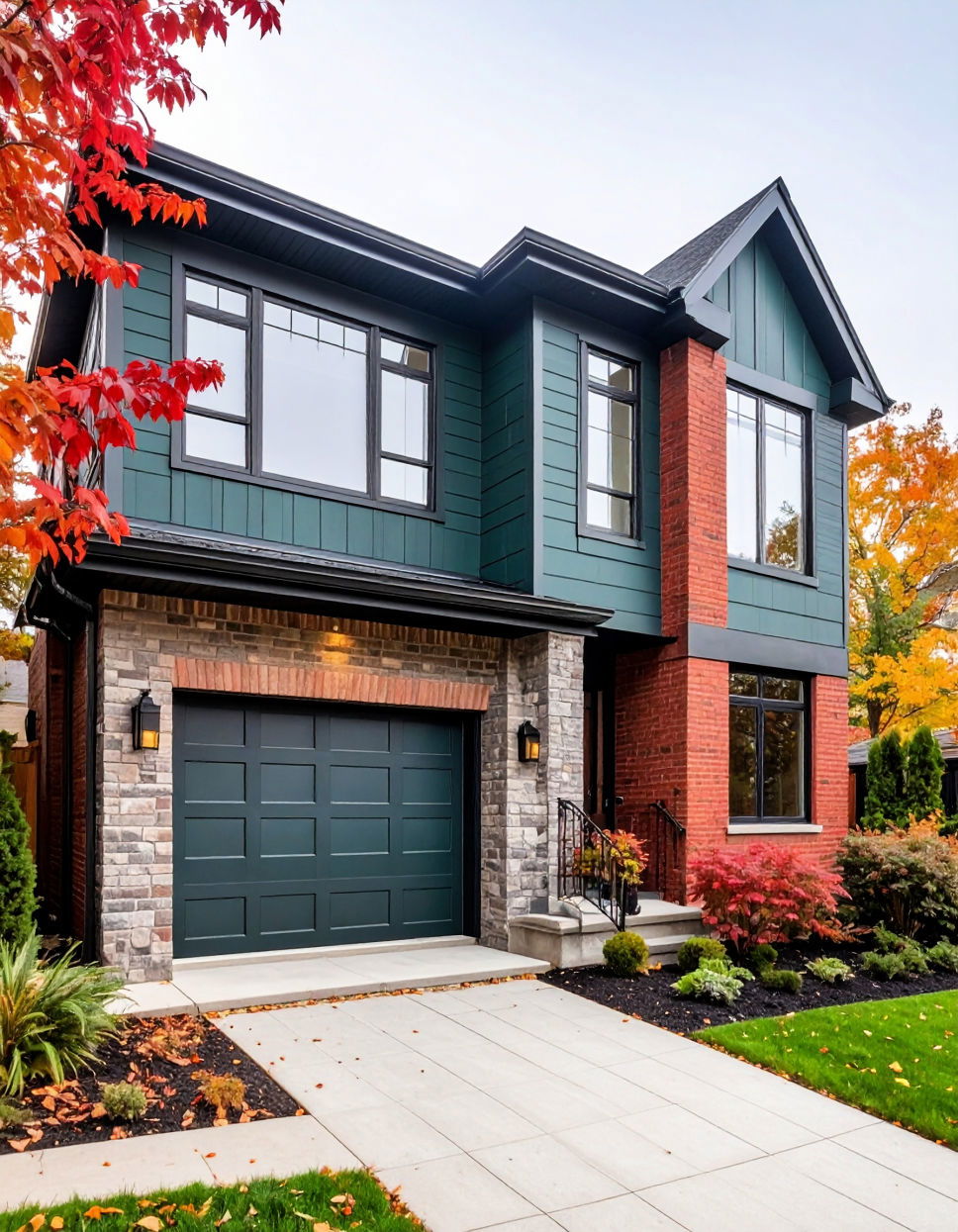 Dark Green with Red Brick Highlights for a Bold Contrast