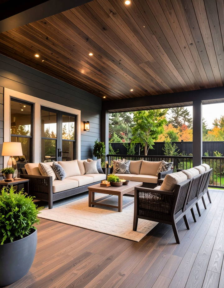 Dark Wood Toned Vinyl for a Cozy Intimate Feel Vinyl Porch Ceiling Ideas