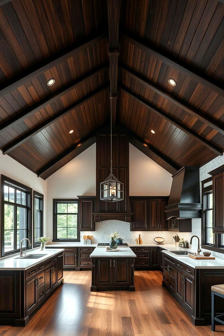 Dark Wood for Elegance and Warmth - 25 Vaulted Ceiling Kitchen Ideas