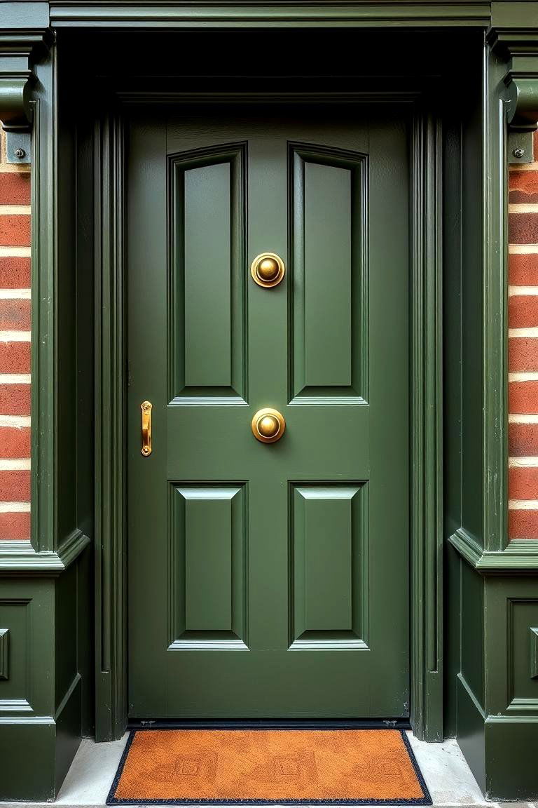 Deep Olive Green with Brass Knobs for a Vintage Feel - 25 Green Front Door Ideas