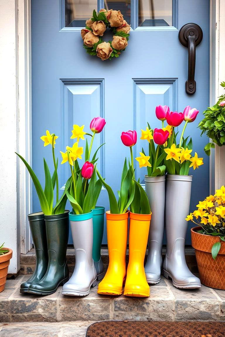 Display Rain Boots with Flowers - 25 Spring Front Door Decor Ideas