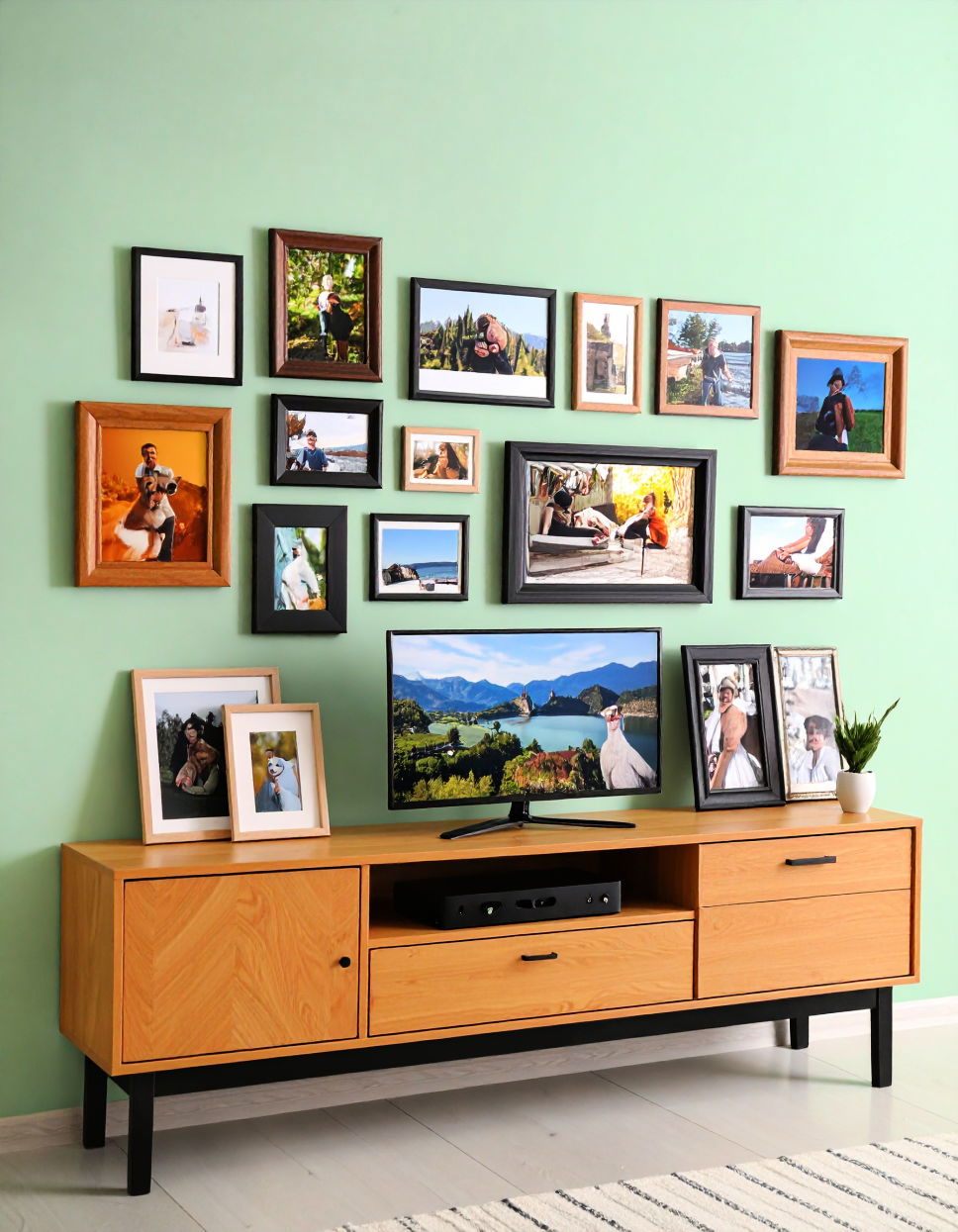 Displaying Photo Frames for Personal Memories Tv Console Decor Ideas