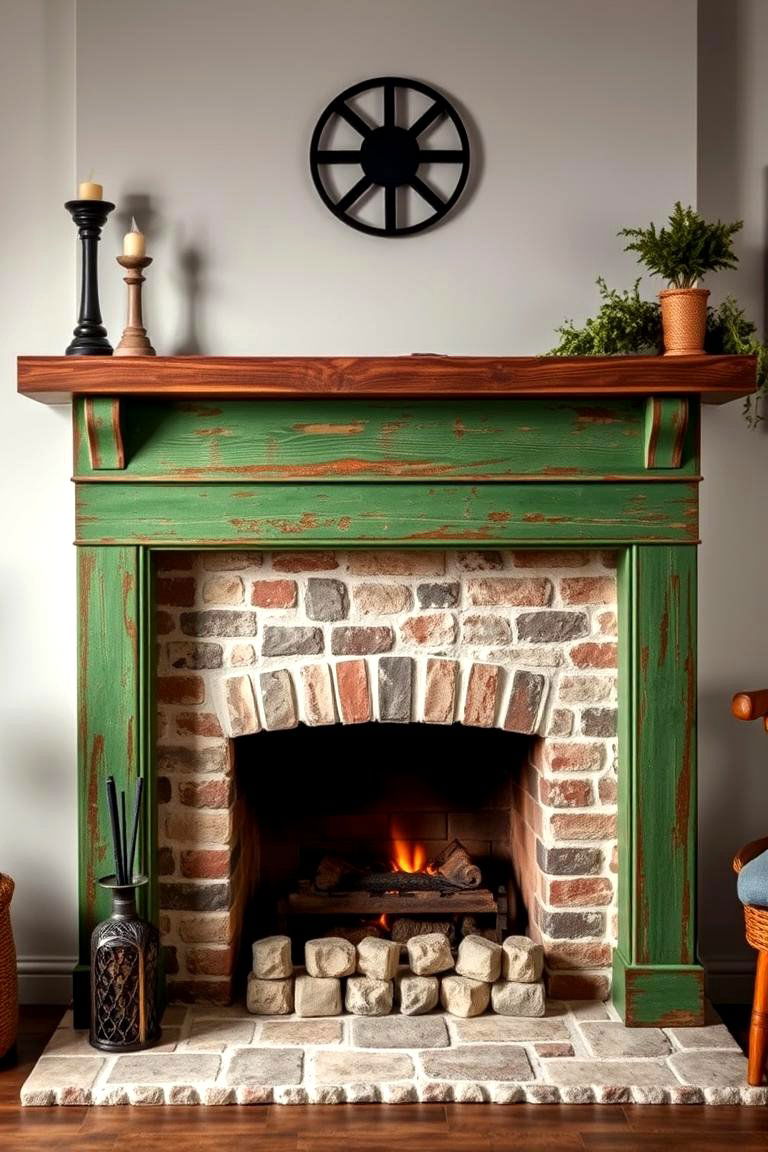 Distressed Green Wooden Mantel - 25 Green Fireplace Ideas