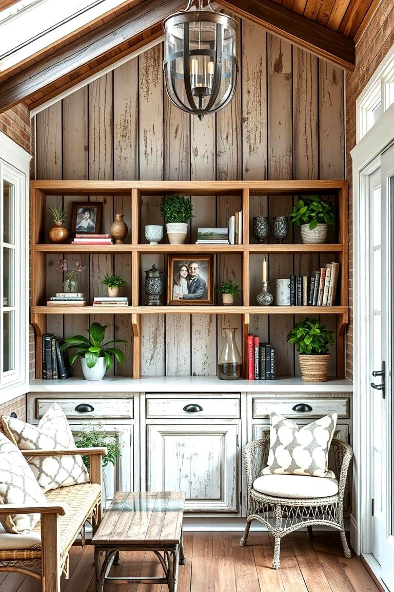 Distressed Wood Shelving - 25 Farmhouse Sunroom Ideas