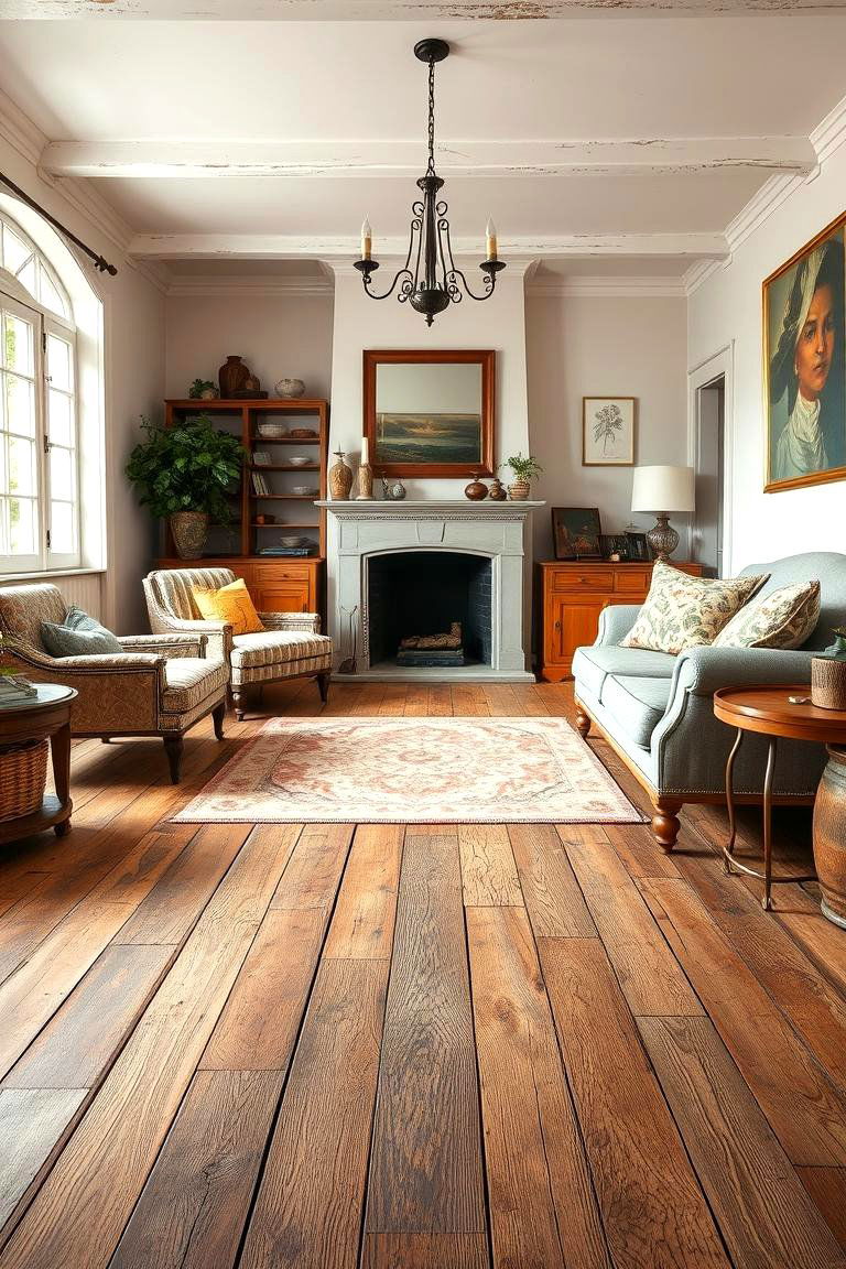 Distressed Wooden Floors for Rustic Charm - 25 French Country Living Room Ideas