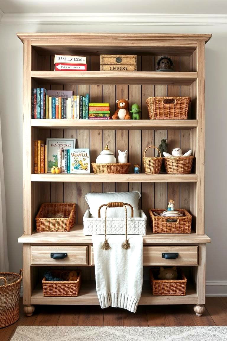Distressed Wooden Shelving for Storage - 25 Farmhouse Nursery Ideas