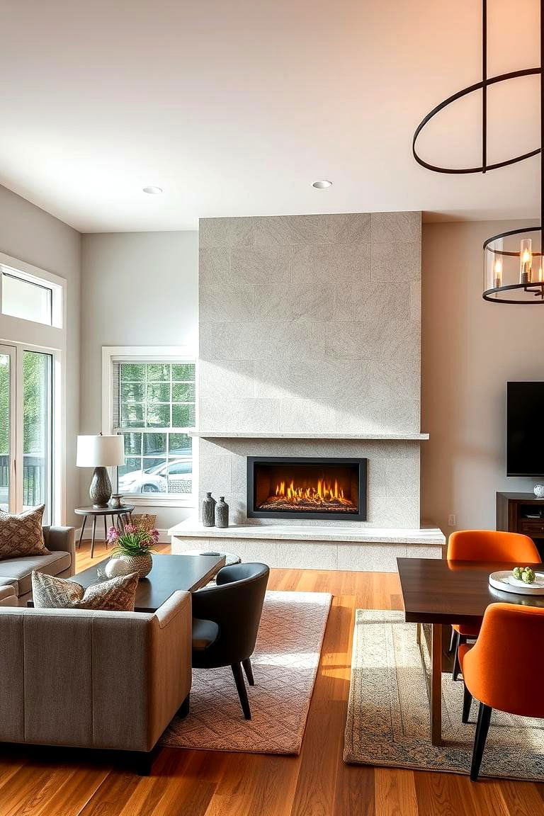 Double Sided Fireplace Between Living and Dining Rooms - 25 Fireplace Between Windows Ideas