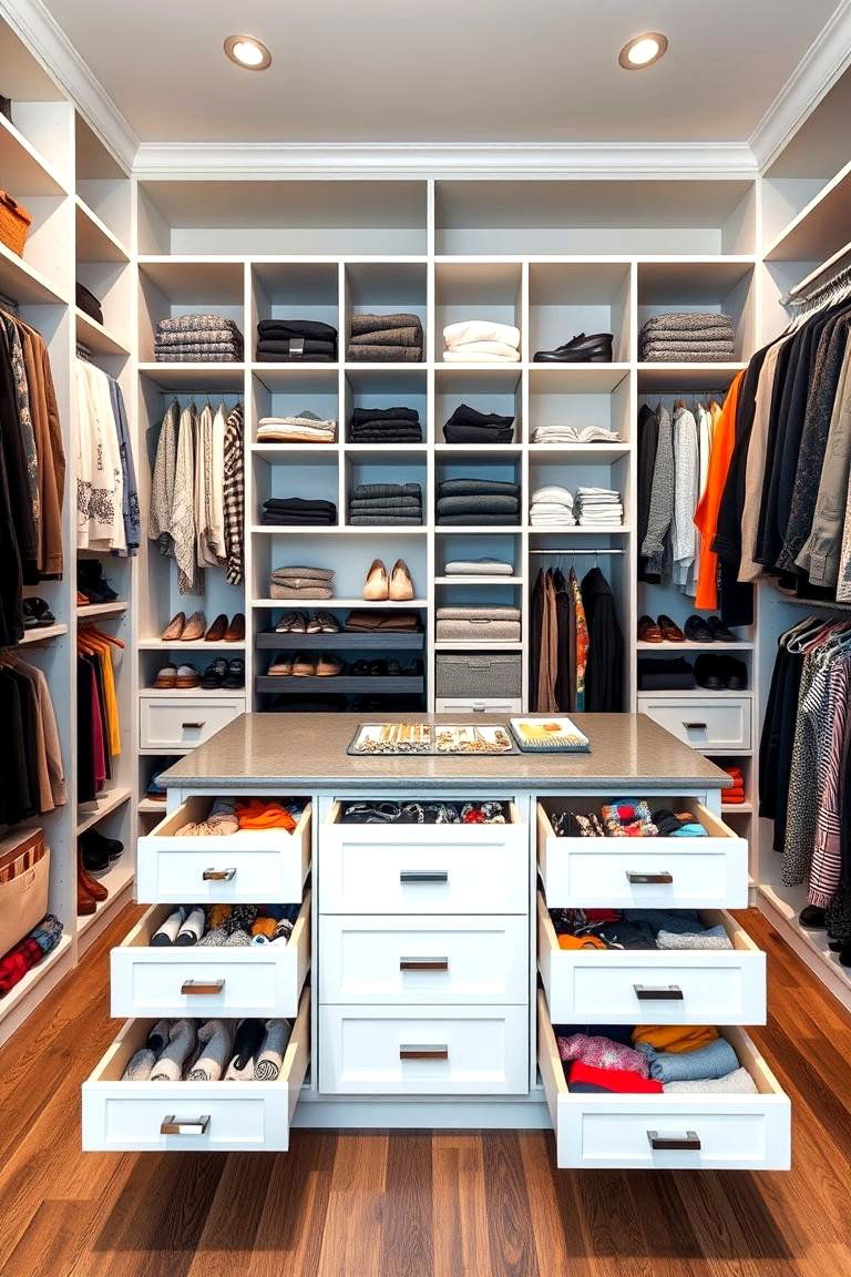 Drawer Filled Closet Island for Concealed Storage - 25 Closet Island Ideas