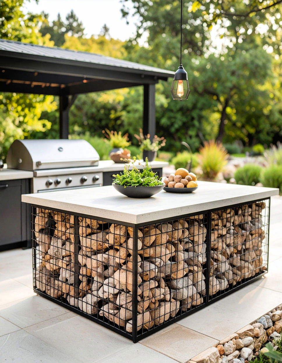 Earthy Gabion Countertops with Infill Types of Outdoor Kitchen Countertops