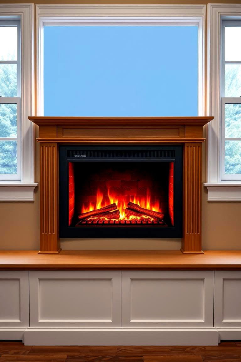 Electric Fireplace with Decorative Screen - 25 Fireplace Between Windows Ideas