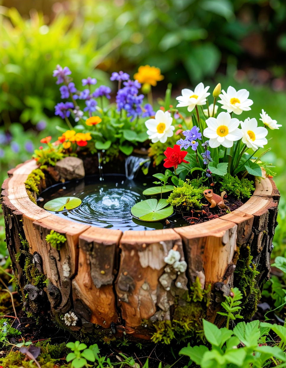 Incorporating a Miniature Pond or Water Feature - Tree Stump Fairy Garden Ideas