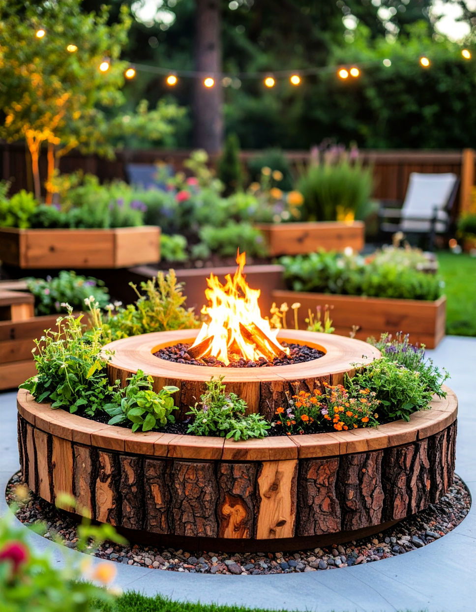 Elevated Stump Fire Pit with Tiered Planters Tree Stump Fire Pit Ideas