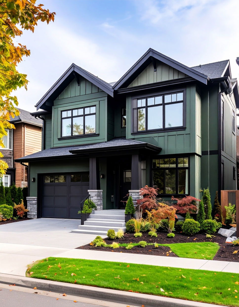 Elevating Urban Exteriors Dark Olive Green House With Black Trim