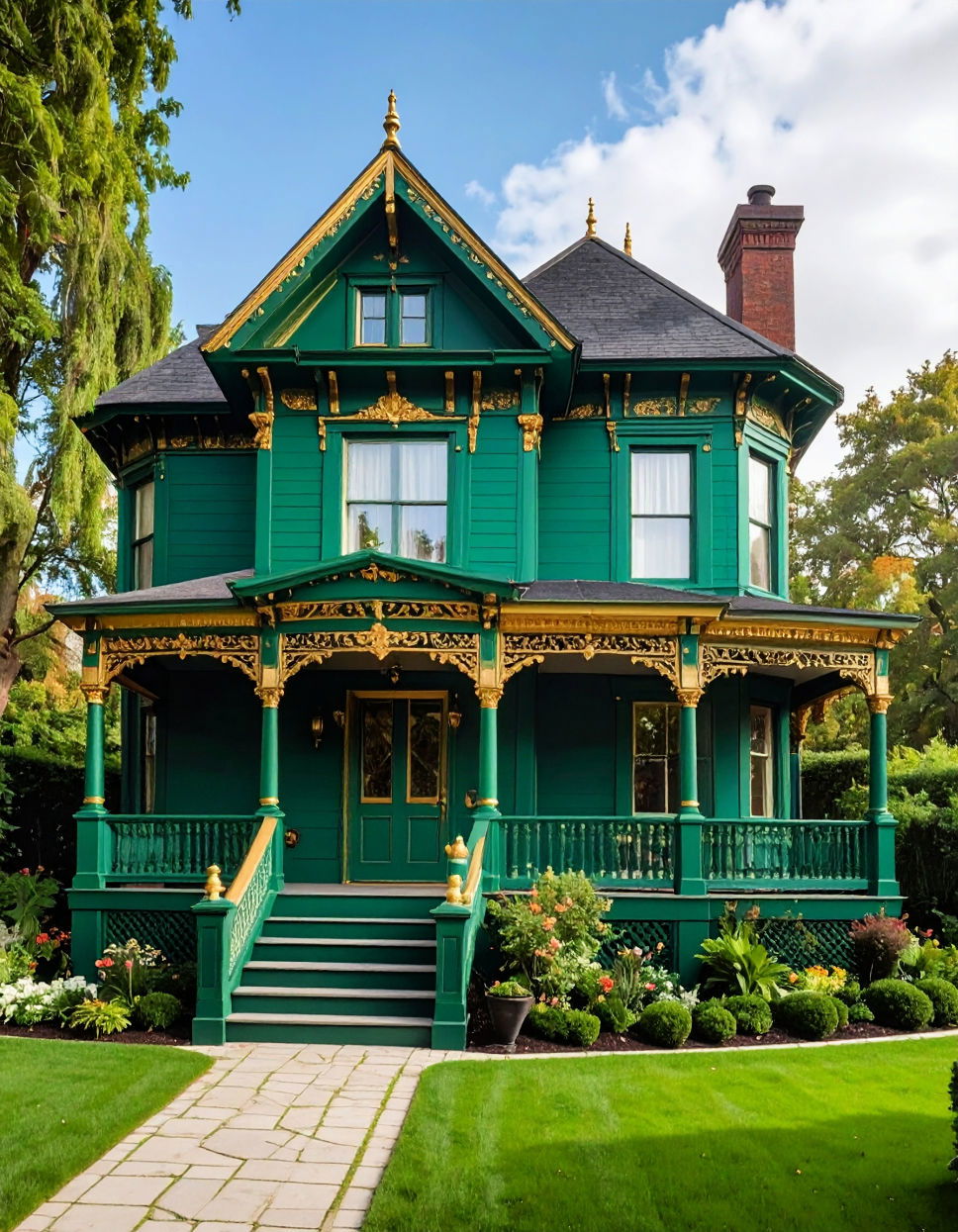 Emerald Green with Gold Leaf Details