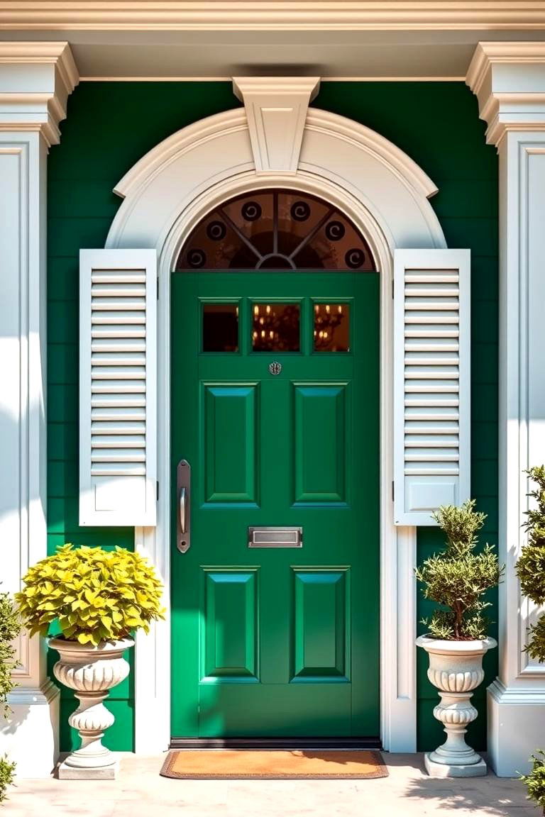 Emerald Green with White Shutters for a Classic Look - 25 Green Front Door Ideas