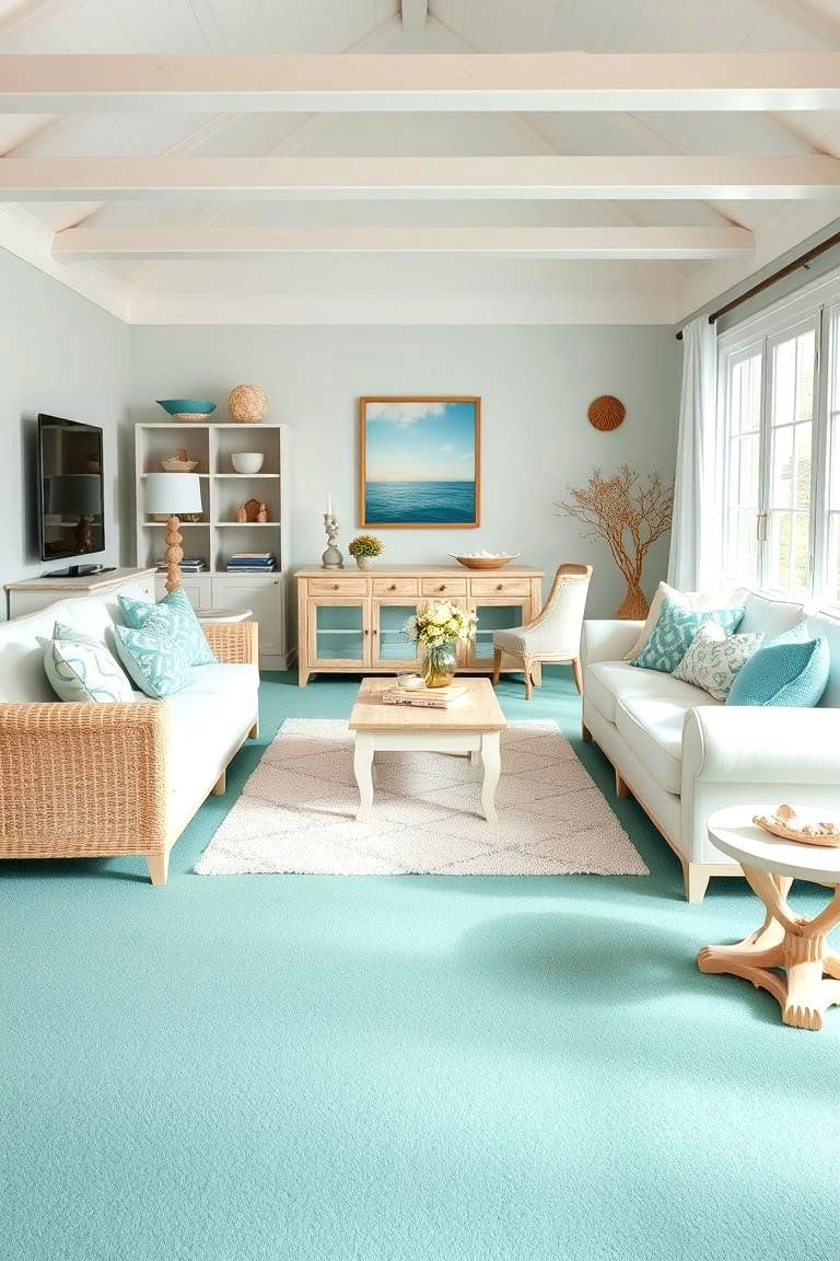Enhance a Coastal Look with Mint Green Carpets - 25 Green Carpet Living Room Ideas