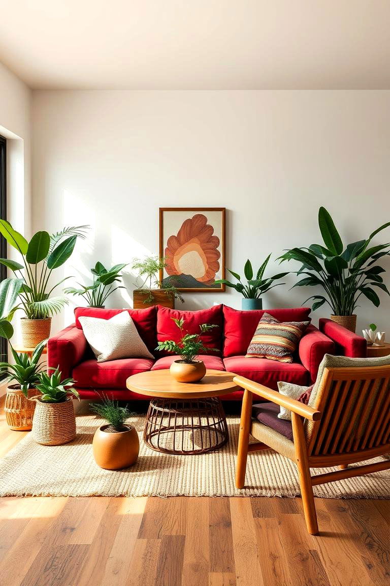 Enhance with Natural Elements - 25 Burgundy Sofa Living Room Ideas