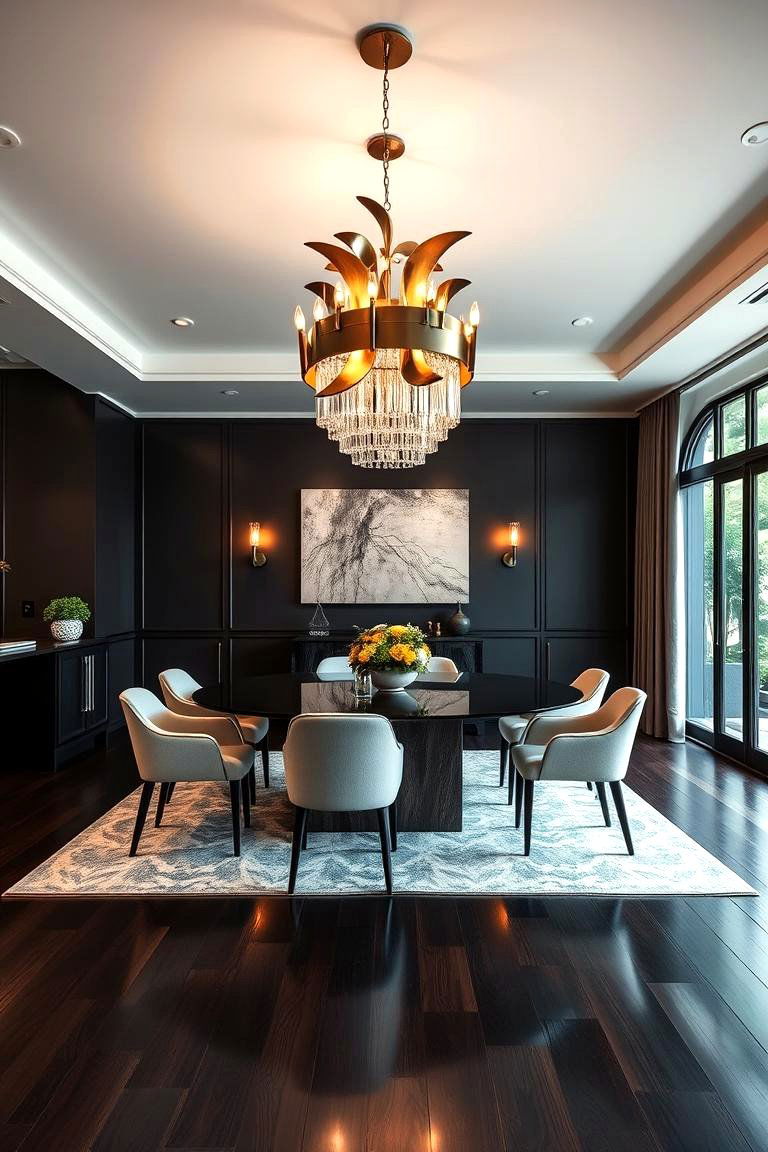 Enhance with a Statement Light Fixture - 25 dark wood floor dining room ideas