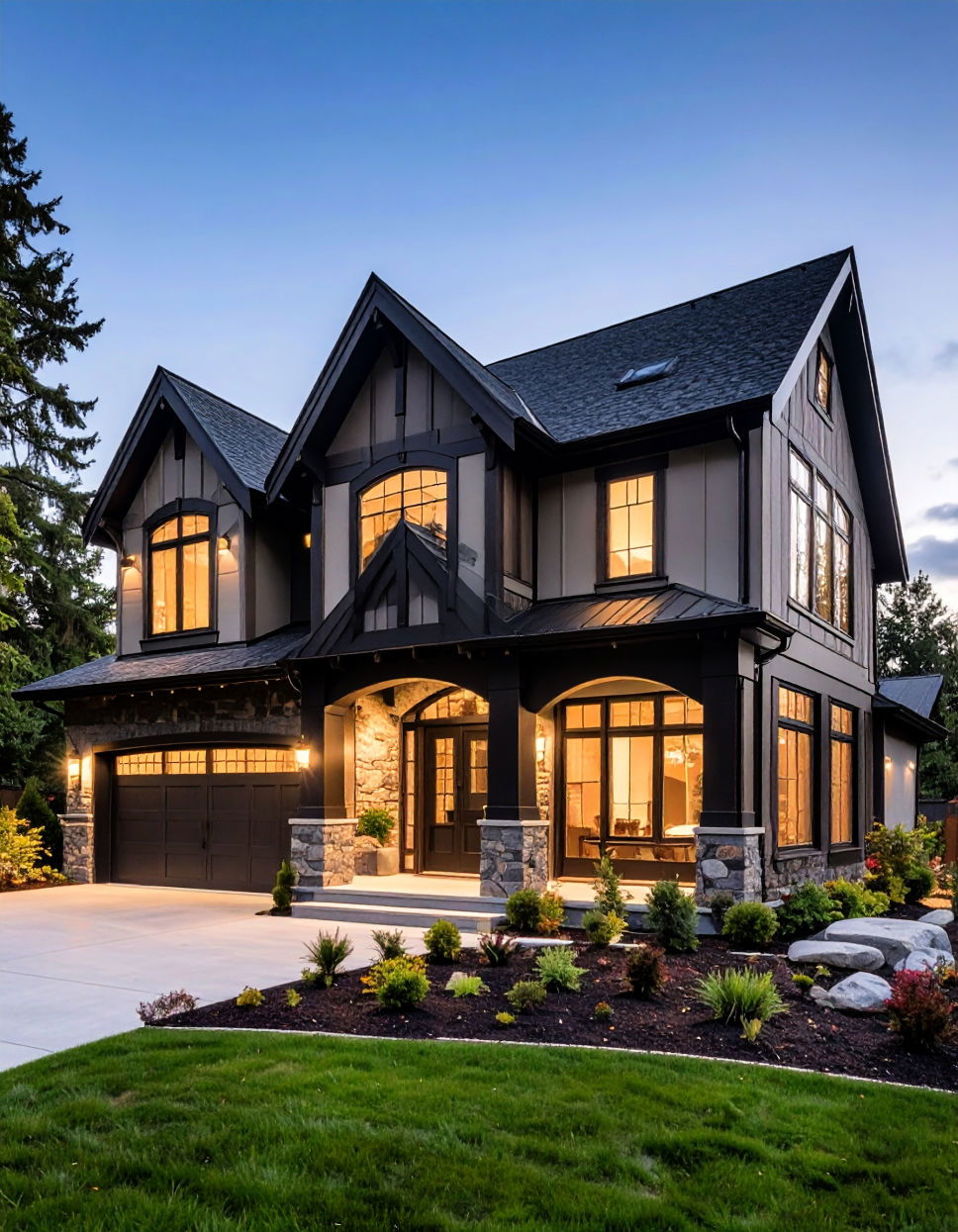 Enhancing Architectural Features Dark Olive Green House With Black Trim
