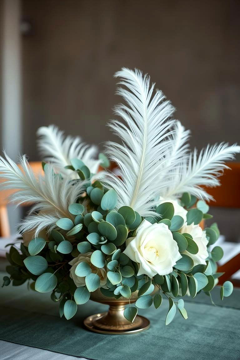 Eucalyptus and Feather Centerpiece - 25 Eucalyptus Wedding Centerpieces