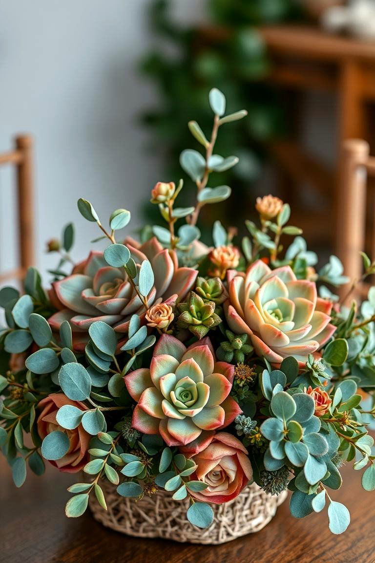 Eucalyptus and Succulent Arrangement - 25 Eucalyptus Wedding Centerpieces