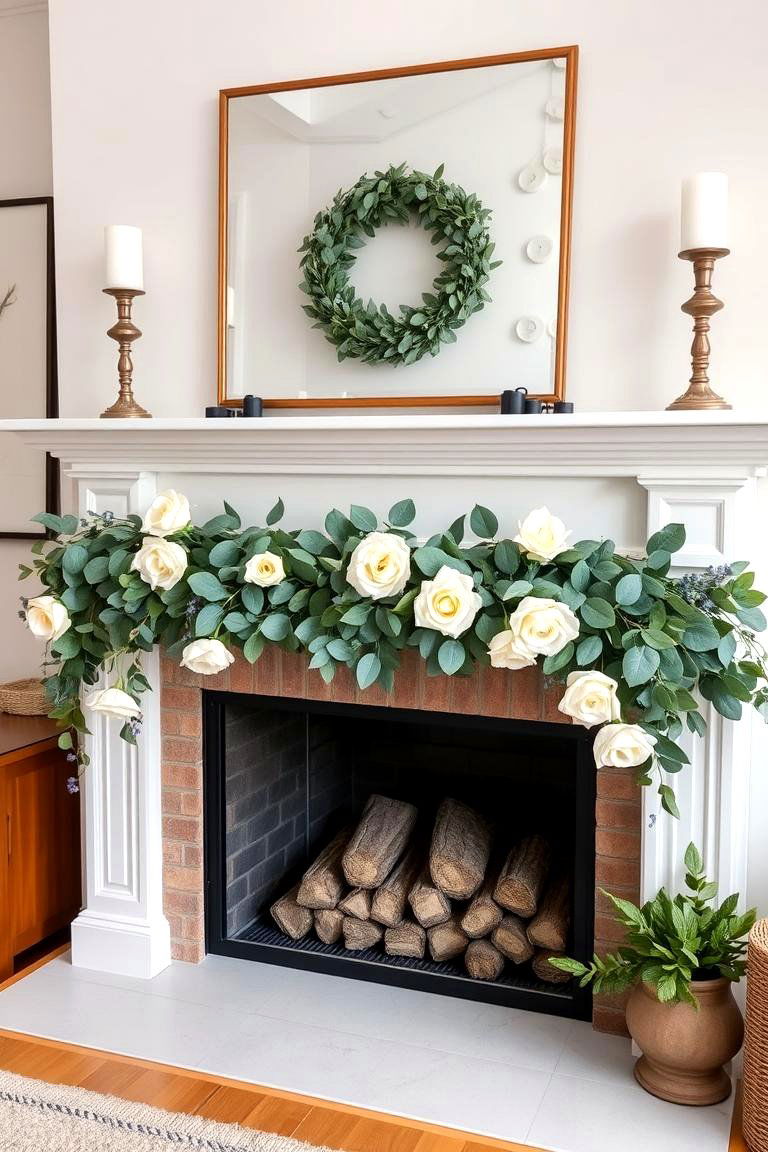 Eucalyptus and White Rose Garland - 25 Mantel Garland Ideas