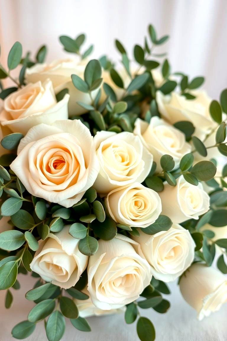 Eucalyptus and White Roses Centerpiece - 25 Eucalyptus Wedding Centerpieces