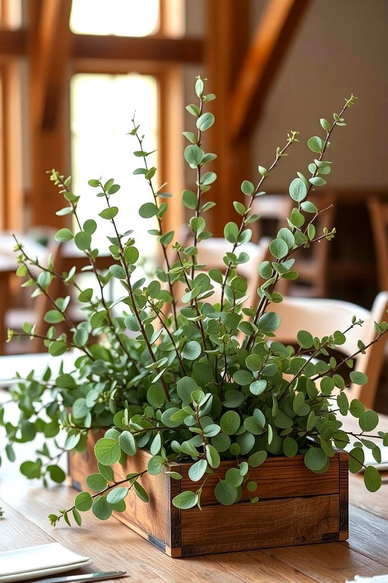 Eucalyptus in Wood Boxes - 25 Eucalyptus Wedding Centerpieces