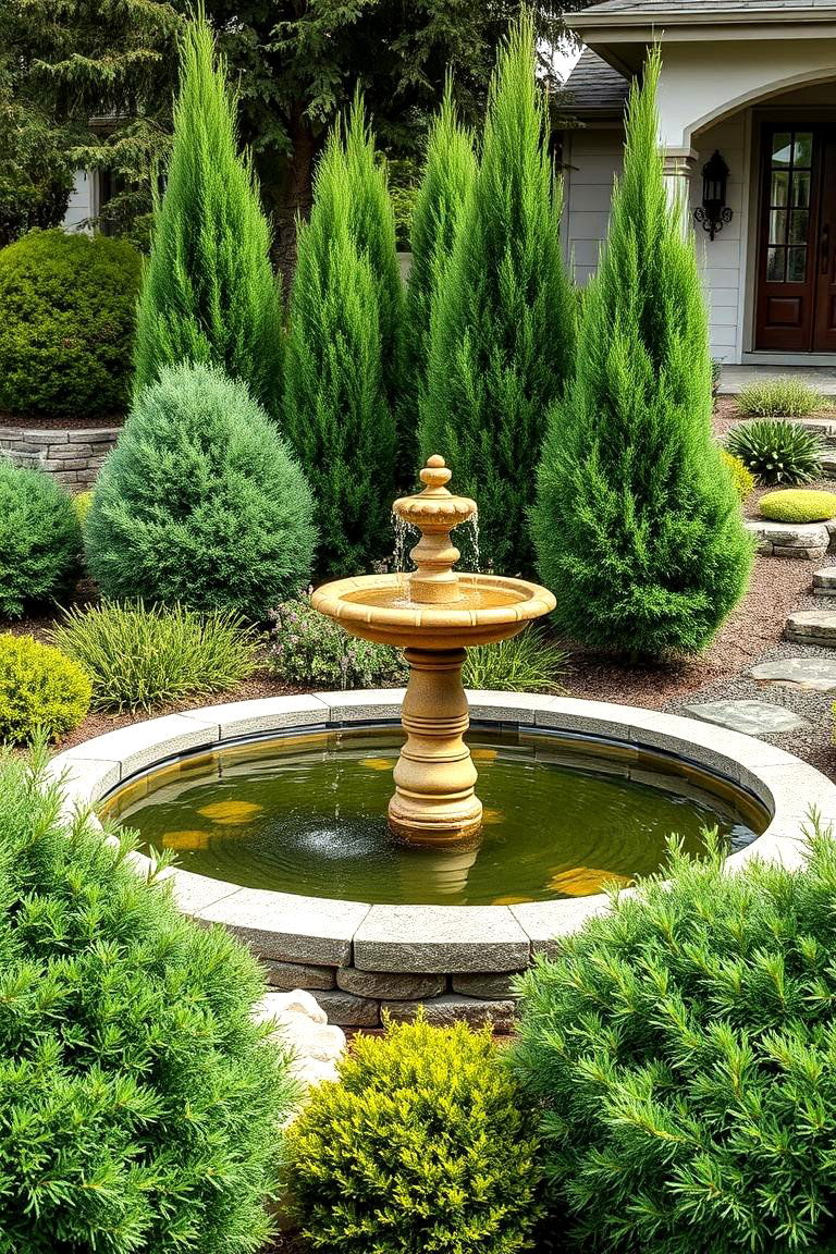 Evergreen Landscaping Around a Water Feature - 25 Front Yard Evergreen Landscaping Ideas