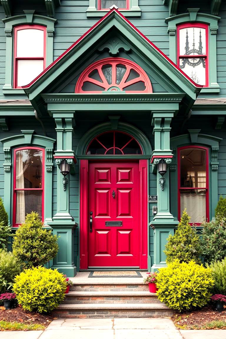 Evergreen with Berry Red Door - 25 Green Victorian House Colors