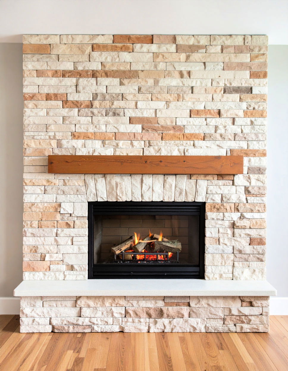 Exposed Brick and Stone Fireplace