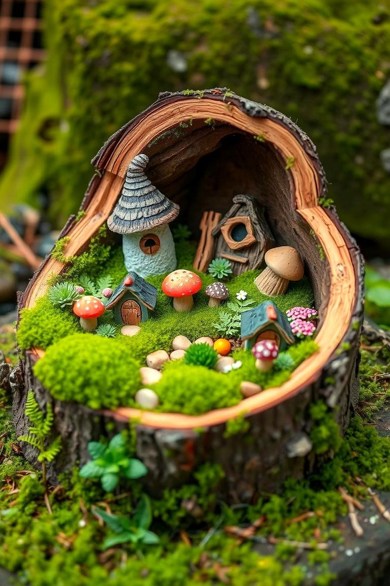Fairy Garden in a Hollowed Log - 25 Fairy Garden Container Ideas