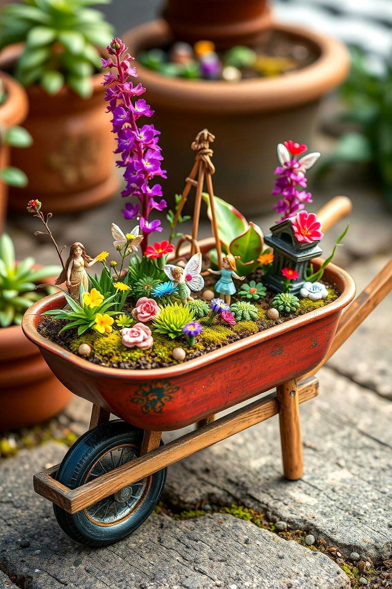 Fairy Garden in a Small Wheelbarrow - 25 Fairy Garden Container Ideas