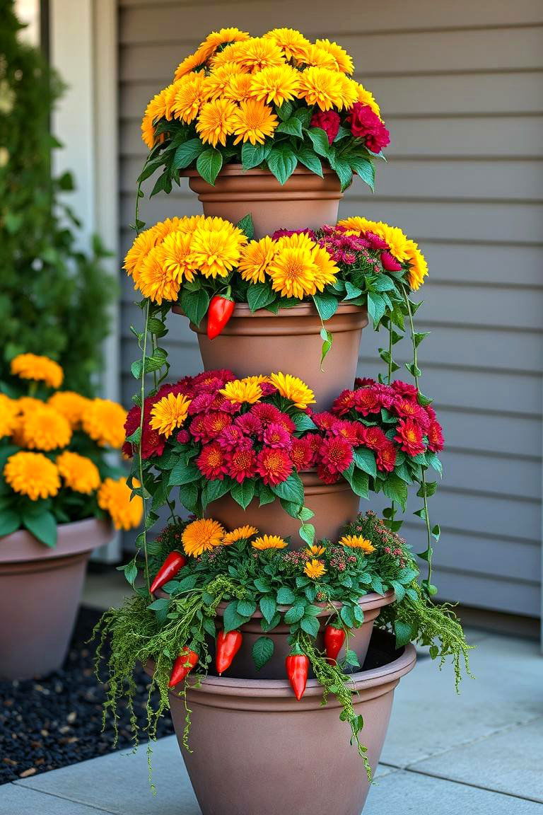 Fall Flower Tower - 25 Fall Planter Ideas