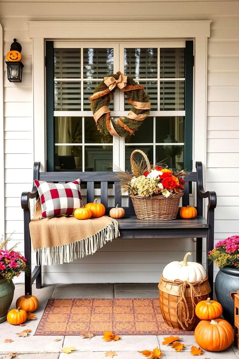 Fall Porch Bench with Seasonal Accents - 25 Fall Porch Decor Ideas