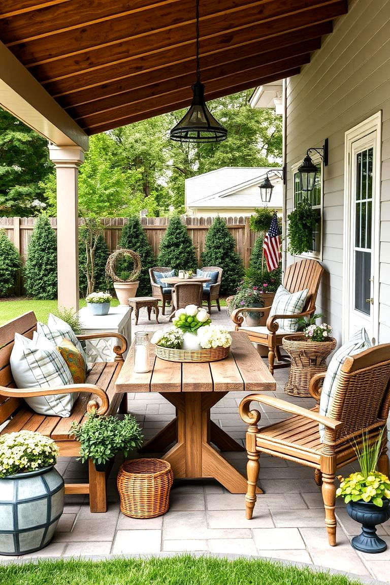 Farmhouse Inspired Patio with Wooden Benches - 25 Front Yard Patio Ideas