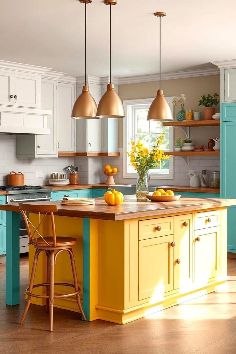 Farmhouse Island with Colorful Accents - 25 Farmhouse Kitchen Island Ideas