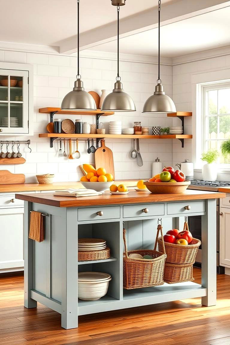 Farmhouse Island with Hanging Storage - 25 Farmhouse Kitchen Island Ideas