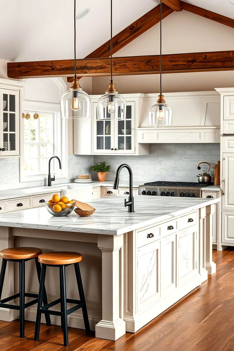 Farmhouse Island with Marble Countertop - 25 Farmhouse Kitchen Island Ideas