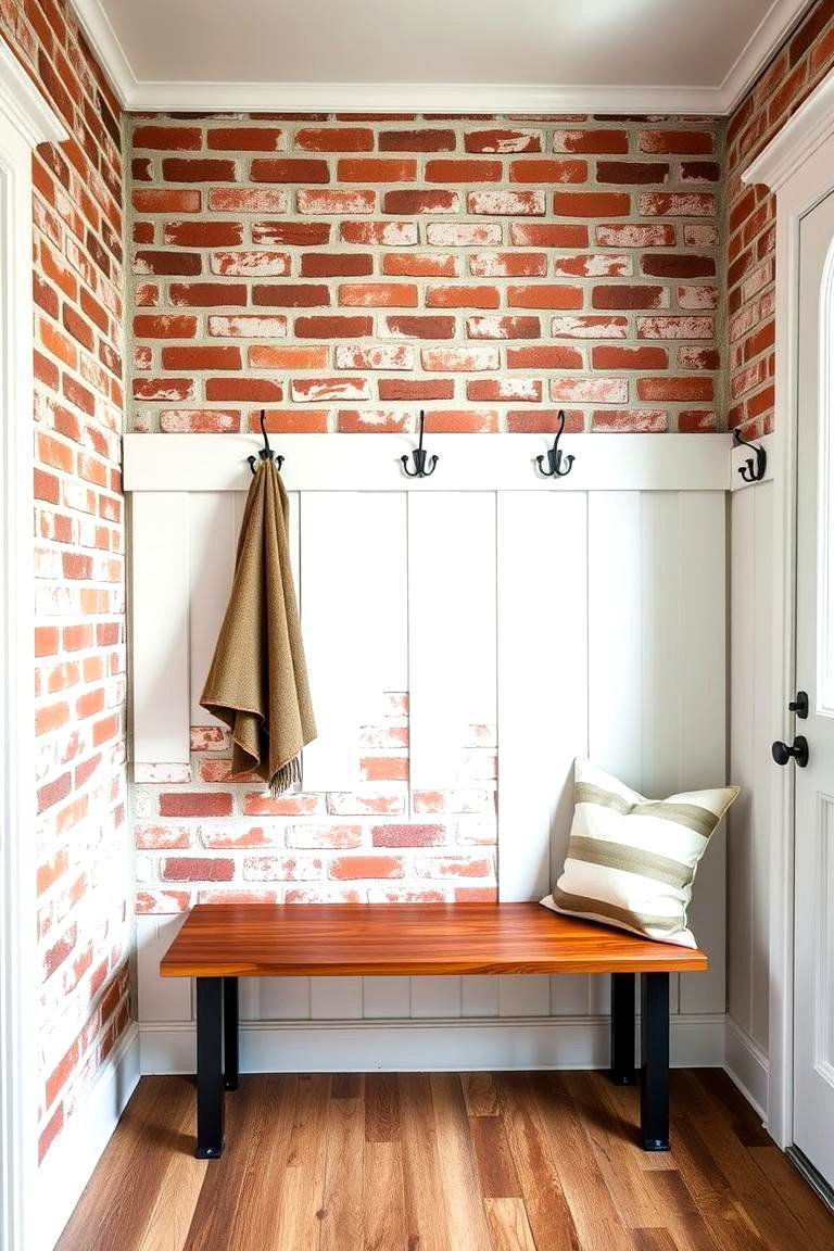 Farmhouse Mudroom with Brick Accents - 25 Farmhouse Mudroom Ideas