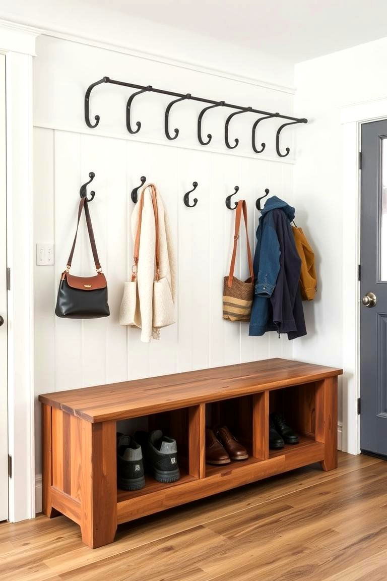 Farmhouse Mudroom with Hooks and Bench Combo - 25 Farmhouse Mudroom Ideas