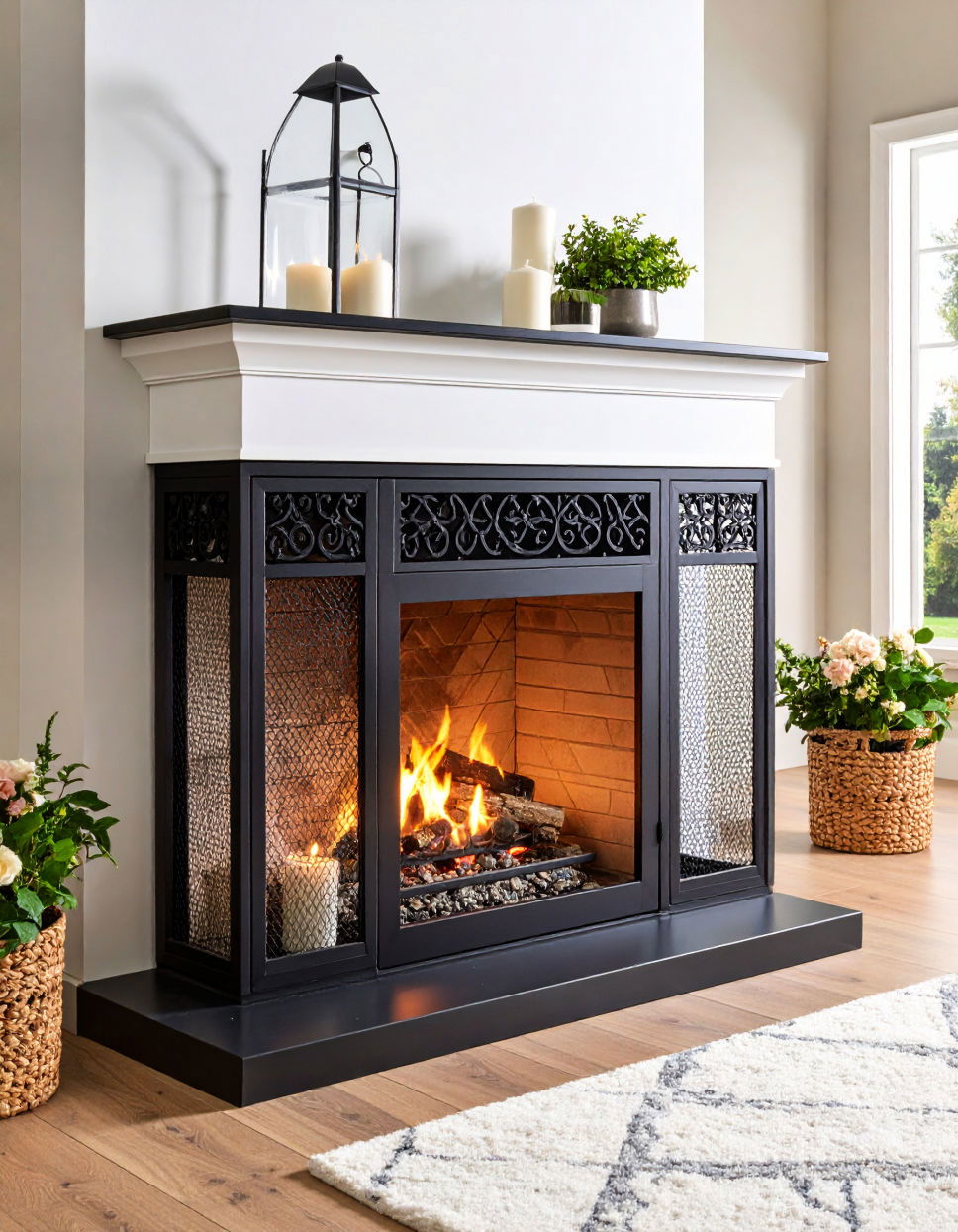 Faux Fireplace with Decorative Screen