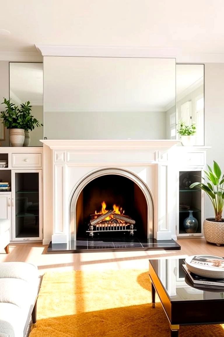 Faux Fireplace with a Mirrored Back - 25 Faux Fireplace Ideas