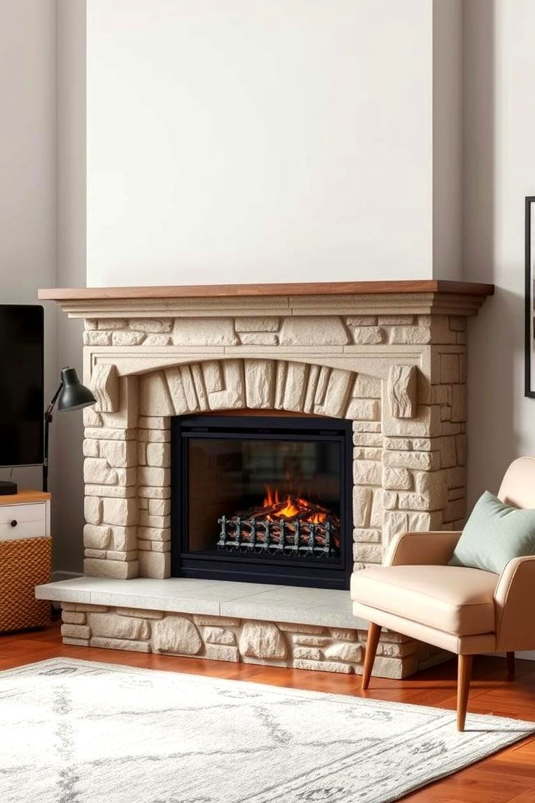 Faux Stone Fireplace in a Corner Setup - 25 Faux Stone Fireplace Ideas