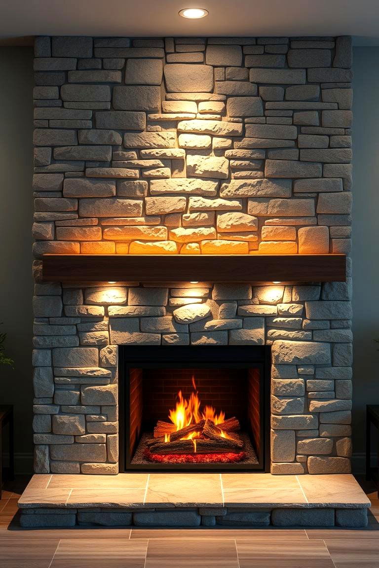Faux Stone Fireplace with Accent Lighting - 25 Faux Stone Fireplace Ideas