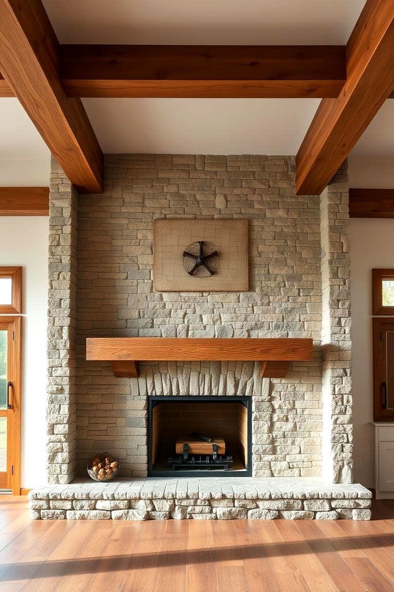 Faux Stone Fireplace with Exposed Beams - 25 Faux Stone Fireplace Ideas